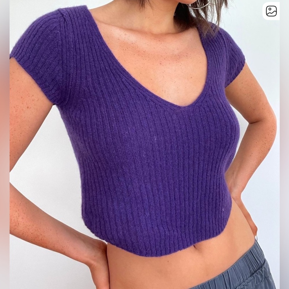 Free People Lil Cashmere Baby Tee Petunia Purple Ribbed Sweater Top NWOT S